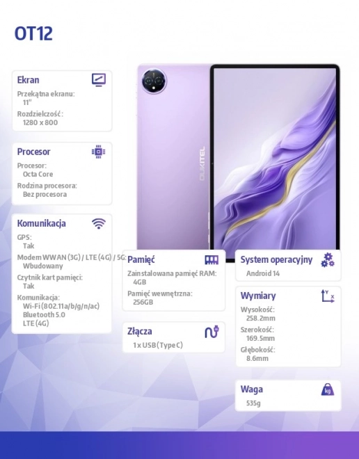 Tablet 11" 4G 4/256GB Lila