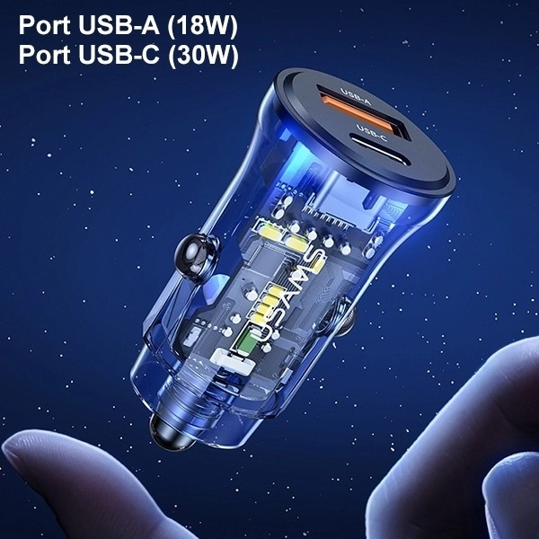 Autós töltő 30W 1xUSB és 1xUSB-C gyorstöltés Kék