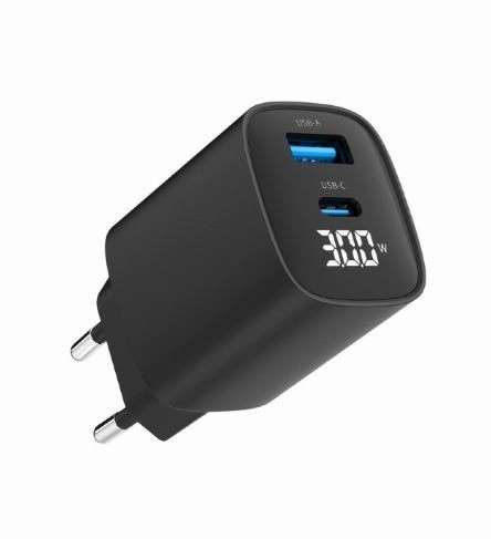 Fekete 30W-os GaN gyorstöltő LCD-vel