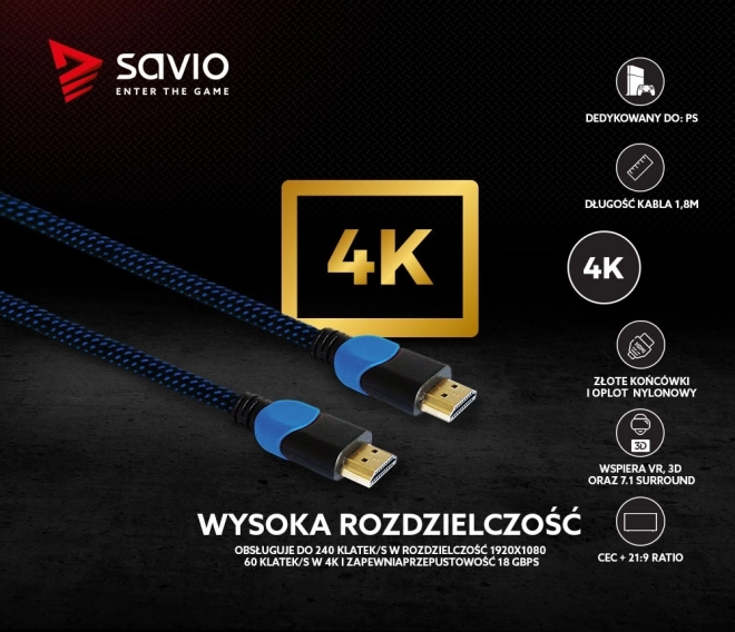 Nylon fonású kék-fekete HDMI 2.0 kábel 1,8m hosszú