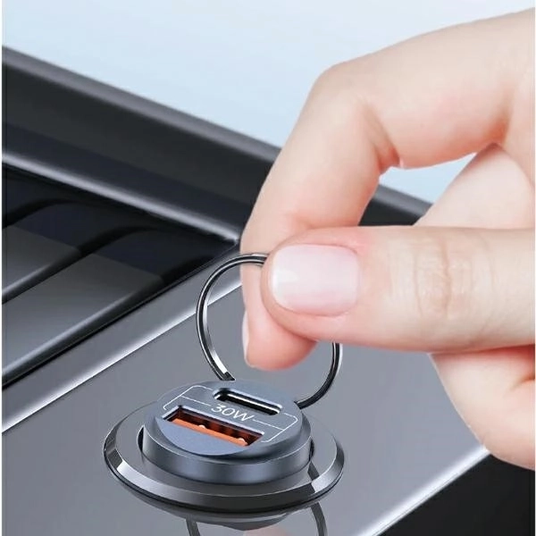 Autós töltő 30W 1xUSB+1xUSB-C gyors töltés acél