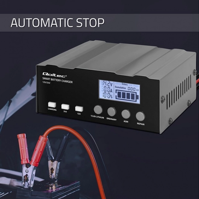 Intelligens mikroprocesszoros akkumulátortöltő 12V, 24V LCD kijelzővel