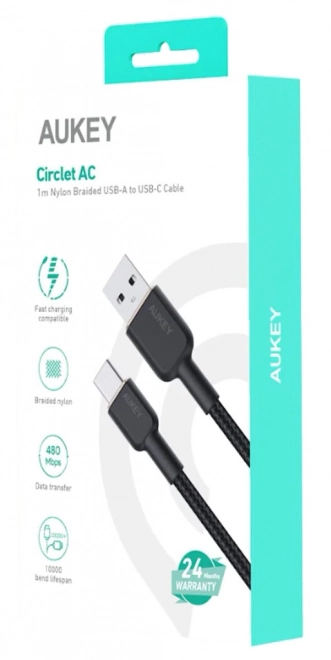 Aukey nylon bevonatú USB-C - USB-A kábel, 1m, 60W gyorstöltő