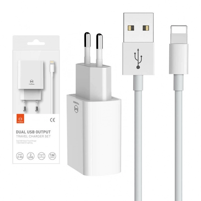 Kettős USB töltő utazókészlet Lightning kábellel