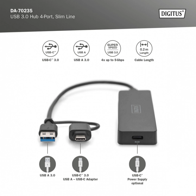 Usb 3.0 4 portos SlimLine Hub Usb-a és Usb-c adapterrel