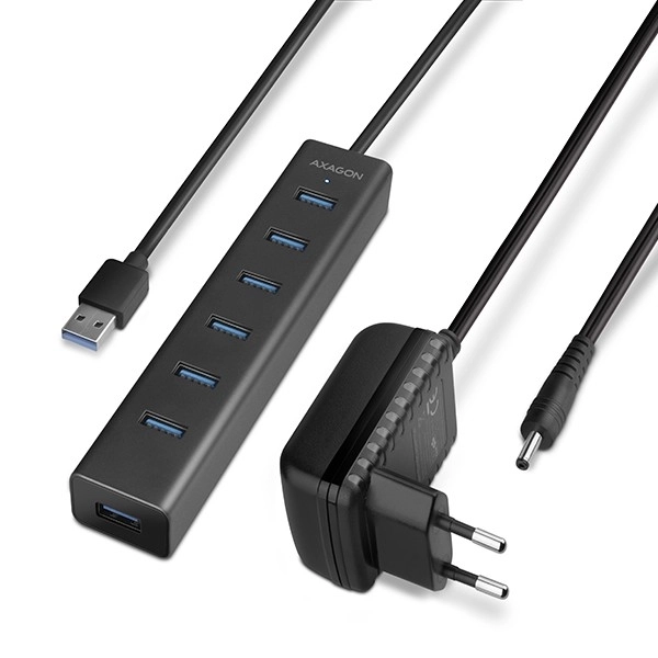 Axagon 7-Portos USB 3.2 Gen 1 Alumínium Töltő Hub AC Adapterrel