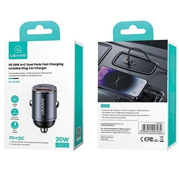 Autós töltő 30W 1xUSB+1xUSB-C gyors töltés acél
