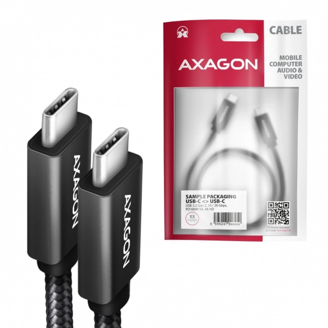 Axagon sebesség+ prémium USB-C - USB-C 3.2 gen 2 kábel 1m, PD 100W, 5A, 4K HD, fekete