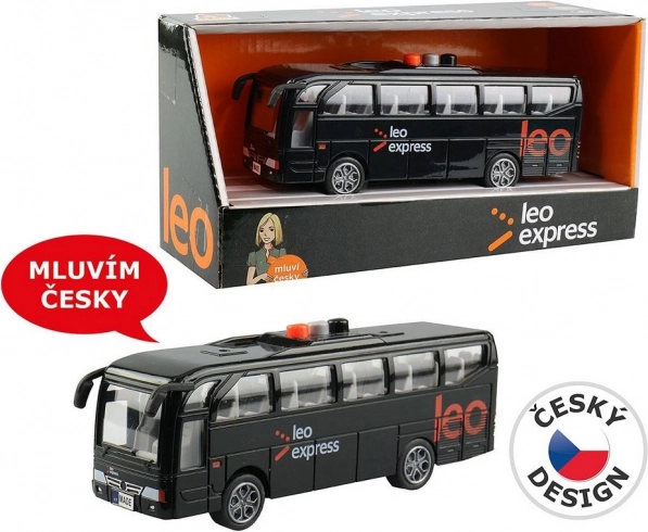 LEO EXPRESS autóbusz fényekkel és vezetői és személyzeti bemondásokkal