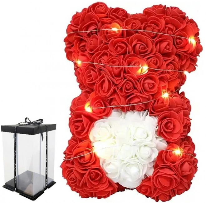 Rózsából készült maci szívvel és LED világítással