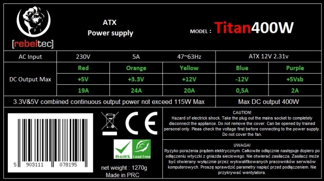 Univerzális számítógép tápegység ATX 400W