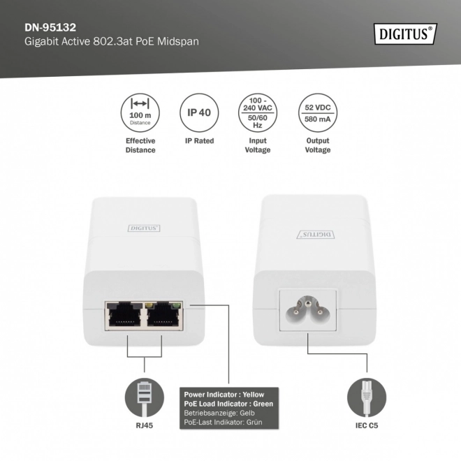 PoE+ Aktív Adapter 52V 30W Gigabit, Fehér