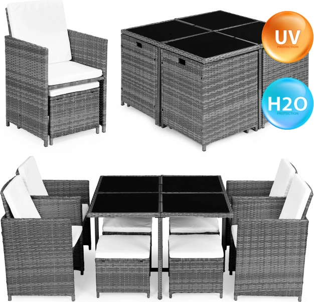 Kerti bútorkészlet rattan megjelenéssel – 4 fotel, 4 puff, MultiGarden asztal