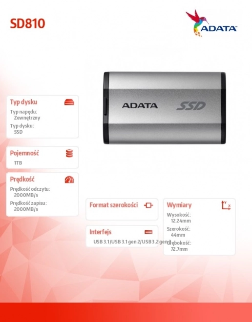 Külső SSD lemez ADATA SD810 1TB USB 3.2C 20Gb/s ezüst