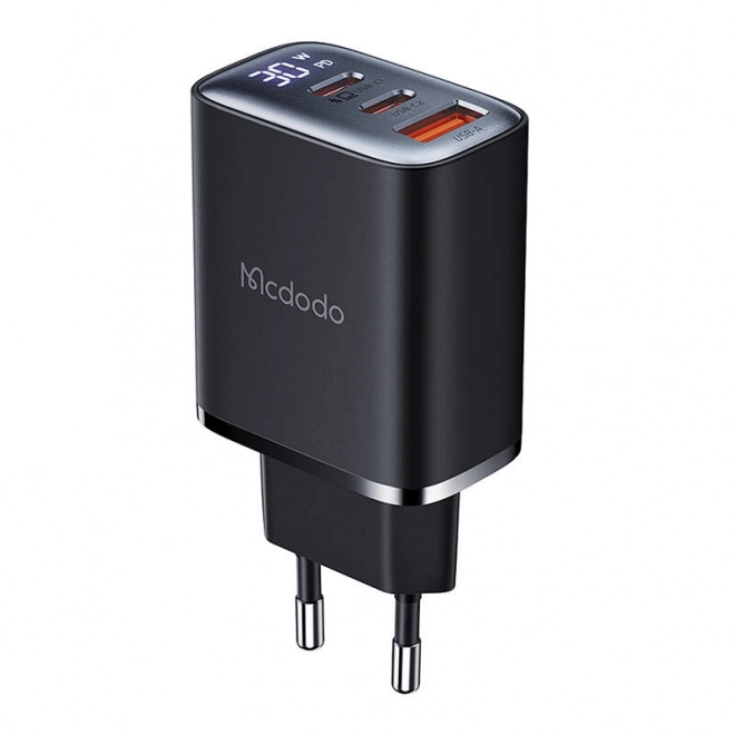 Mcdodo hálózati töltő kijelzővel, 2x USB-C + USB-A, 30W, fekete