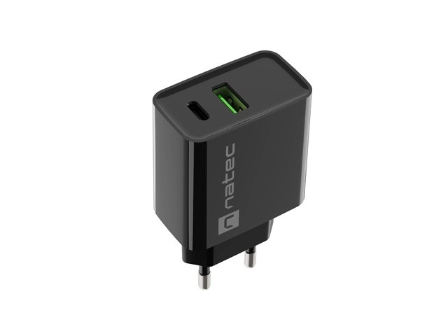Natec hálózati töltő 1x USB-A + 1x USB-C 20W fekete