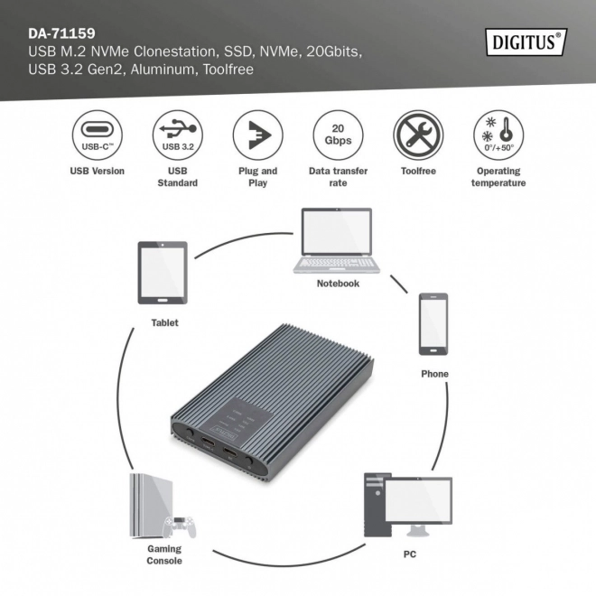 Alumínium M.2 NVMe Klónozó és Ház USB 3.2 Type-C