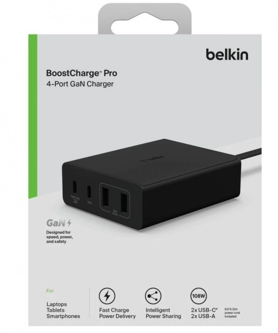 Négyportos 108W GaN töltő 2x USB-A 2x USB-C fekete