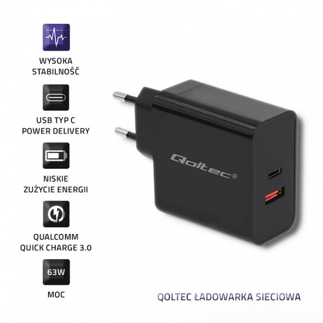 Univerzális fekete Qoltec gyors töltő 63W USB-C PD és QC 3.0