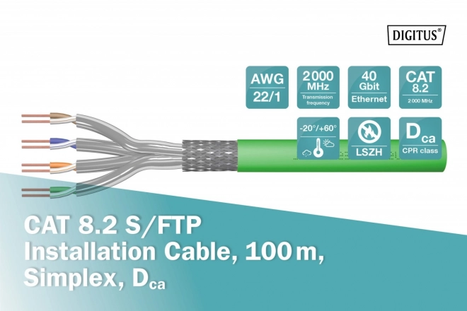 S/FTP teleinformatikai kábel, Kat.8.2, zöld, 100m