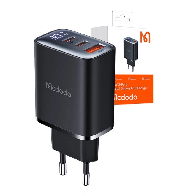 Mcdodo hálózati töltő kijelzővel, 2x USB-C + USB-A, 30W, fekete