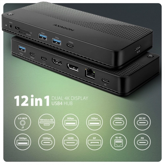 Axagon USB-C dokkolóállomás 12 az 1-ben USB4 HDMI Power Delivery-vel
