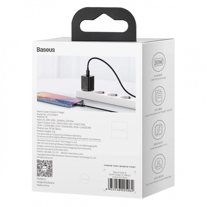 Baseus gyors USB-C töltő 30W fekete