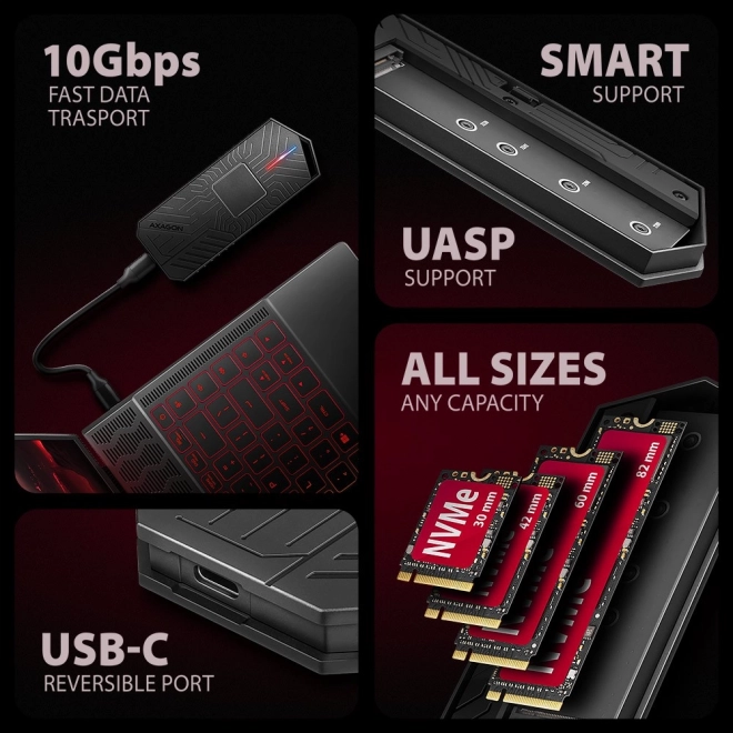 Gaming külső ház USB-C 3.2 Gen 2 M.2 NVMe/SATA SSD