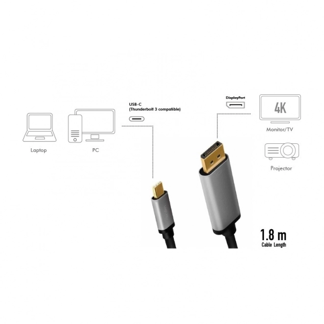 Alumínium USB-C - DisplayPort kábel, 4K 60Hz, 1.8m