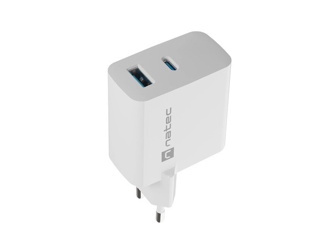 Gyors töltő Natec Ribera GAN 1x USB-A + 1x USB-C 45W Fehér