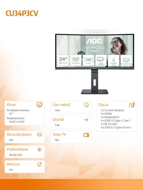 Ívelt monitor AOC CU34P3CV 34" 100Hz VA