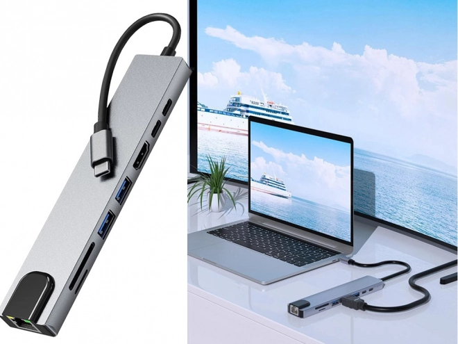 Multifunkcionális USB-C Hub Adapter 8 az 1-ben HDMI-vel és Ethernettel