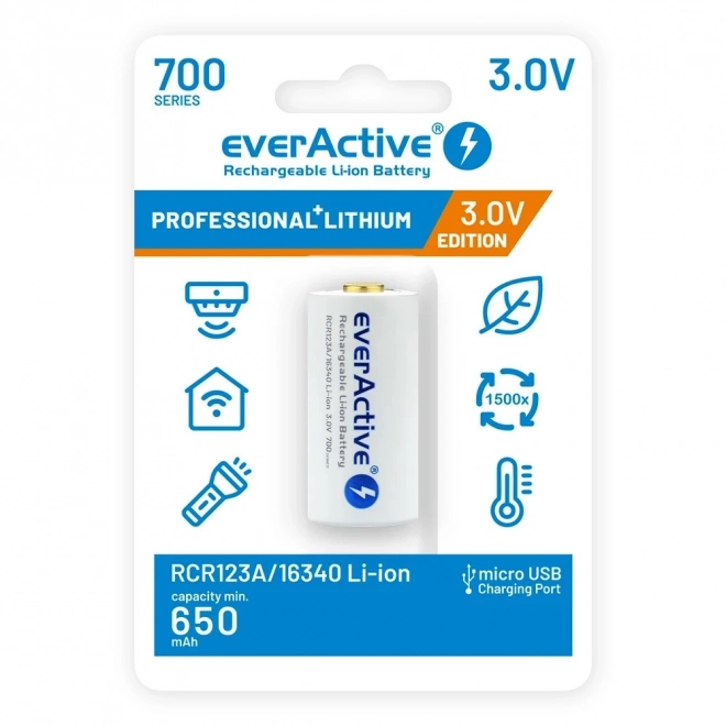 EverActive újratölthető 16340 Li-ion akkumulátor 3V 700 mAh micro USB