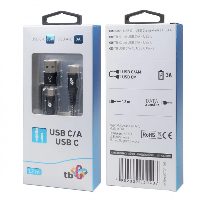 2 az 1-ben USB C - USB C kábel USB A adapterrel, 1.2 m