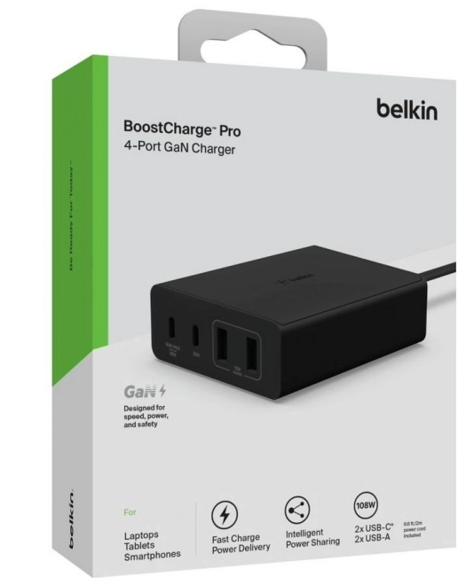 Négyportos 108W GaN töltő 2x USB-A 2x USB-C fekete