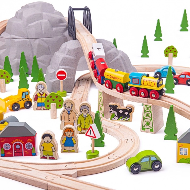 Bigjigs Rail Fa Vasútkészlet hegyi úttal 112 darabból