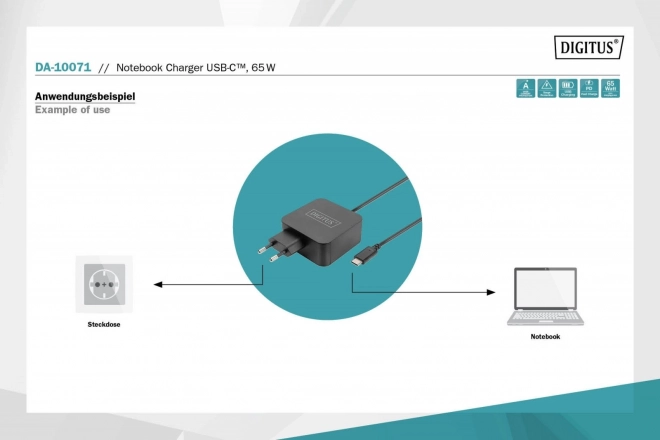 Fali töltő 65W-os USB-C kábellel, fekete