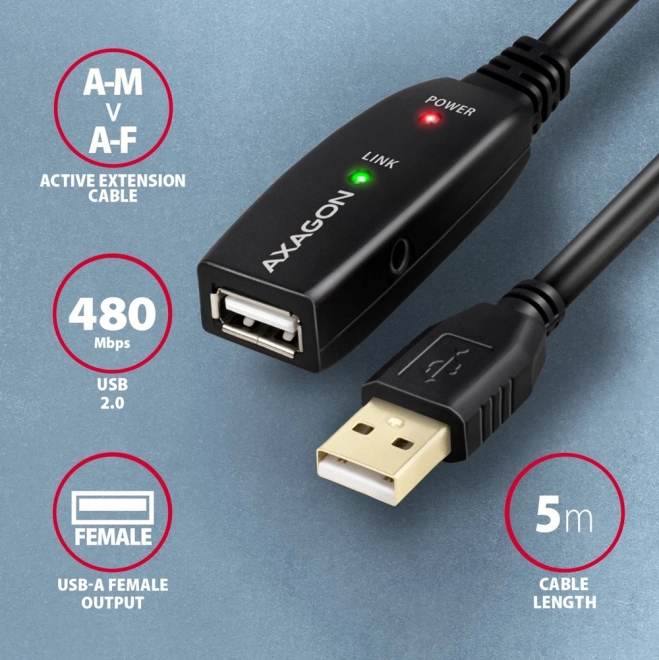 Axagon aktív USB 2.0 hosszabbítókábel repeater 5m