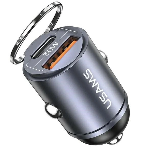 Autós töltő 30W 1xUSB+1xUSB-C gyors töltés acél