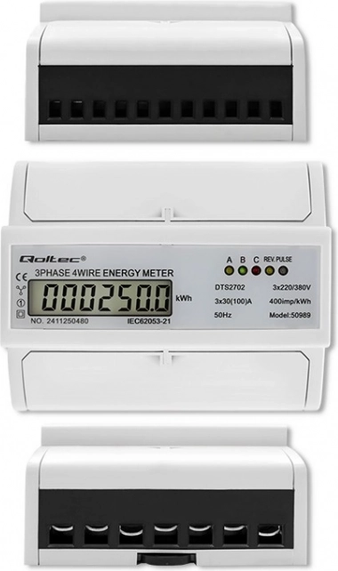 Háromfázisú kétirányú elektronikus villanyóra DIN-sínre szerelve
