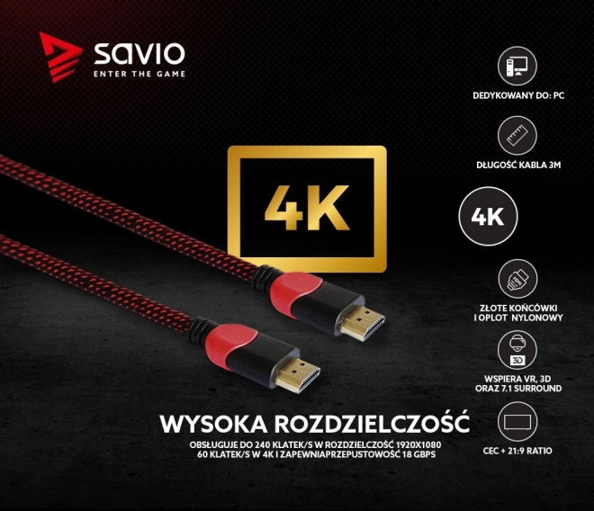 Kiváló minőségű HDMI 2.0 piros-fekete kábel 3 m