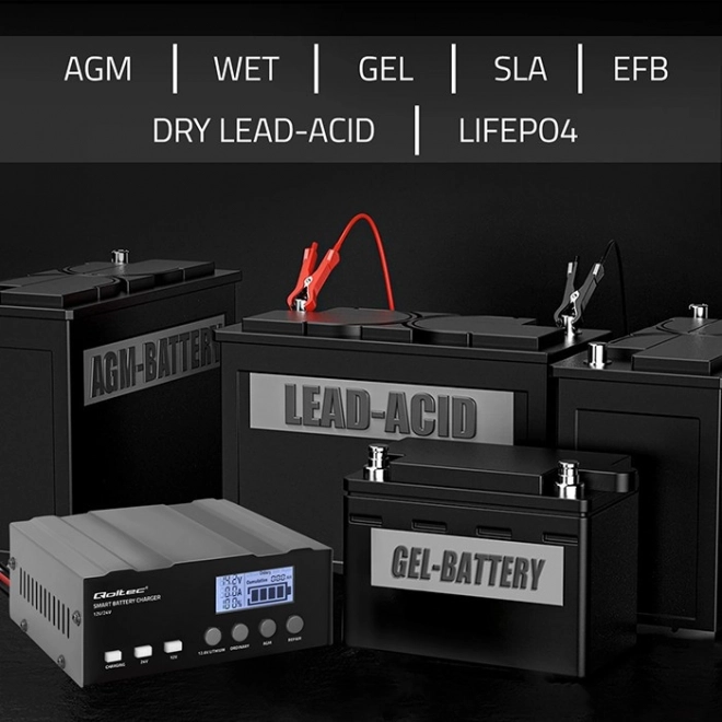 Intelligens mikroprocesszoros akkumulátortöltő 12V, 24V LCD kijelzővel