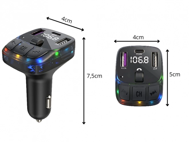 FM adó Bluetooth 5.3, 2xUSB + USB C, MP3 lejátszó, LCD kijelző 12V