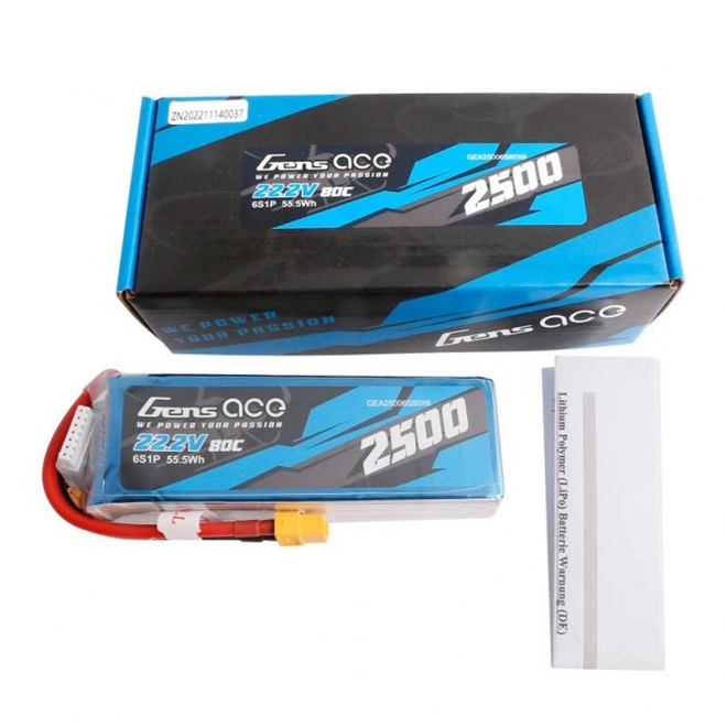 Gens Ace 2500mAh 22,2V 80C 6S1P Lipo akkumulátor XT60 csatlakozóval