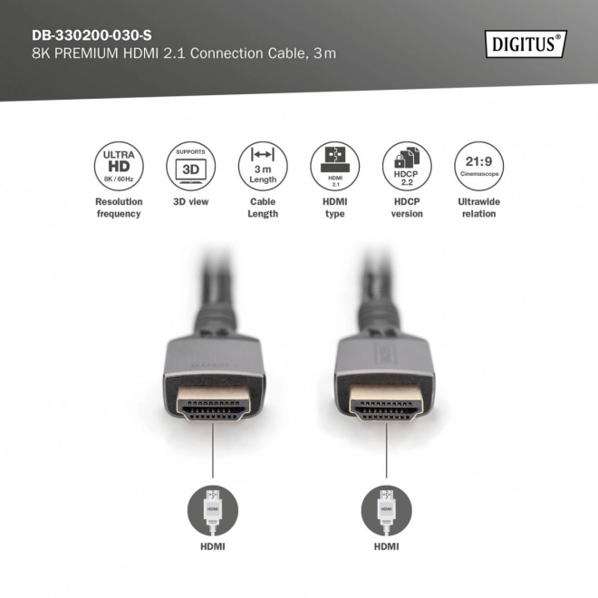 Prémium HDMI 2.1 Ultra HighSpeed 8K UHD csatlakozókábel 3m fekete