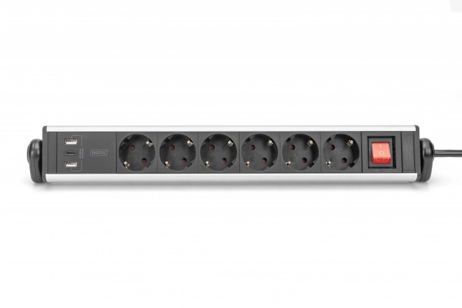Irodai elosztó 6 aljzattal, 2 USB-A és 1 USB-C, forgatható, alumínium test, asztali rögzítéssel