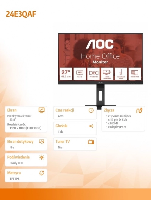 24 hüvelykes IPS monitor HDMI DP Pivottal és hangszórókkal