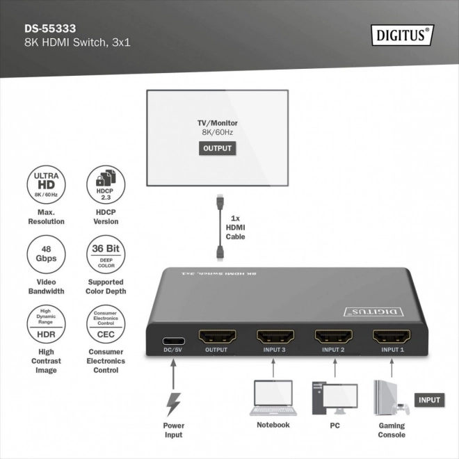 Hdmi kapcsoló 8K 3x1, távirányítóval, fekete