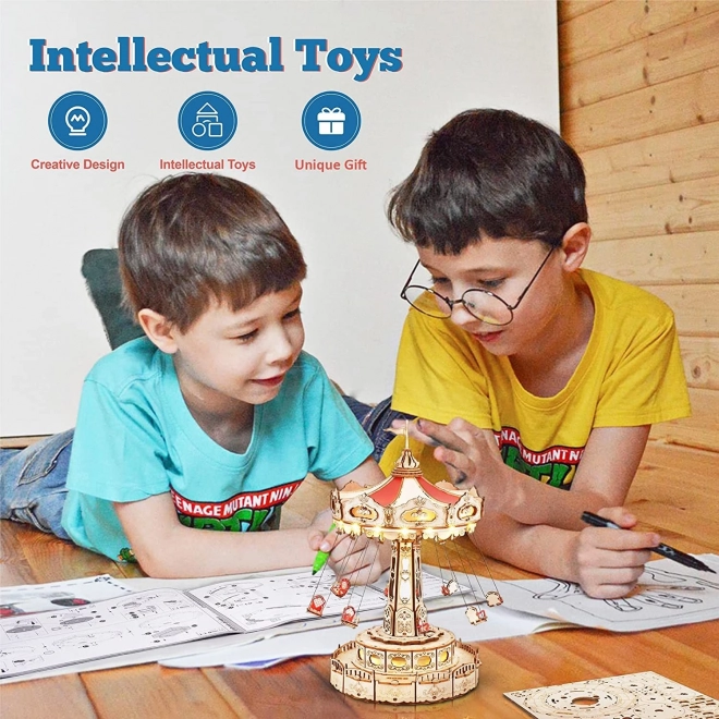 Rokr világító 3D fa puzzle zenélő doboz: Láncos körhinta