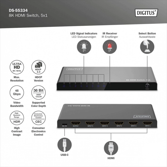 Digitus 8K HDMI átkapcsoló 5x1 távirányítóval